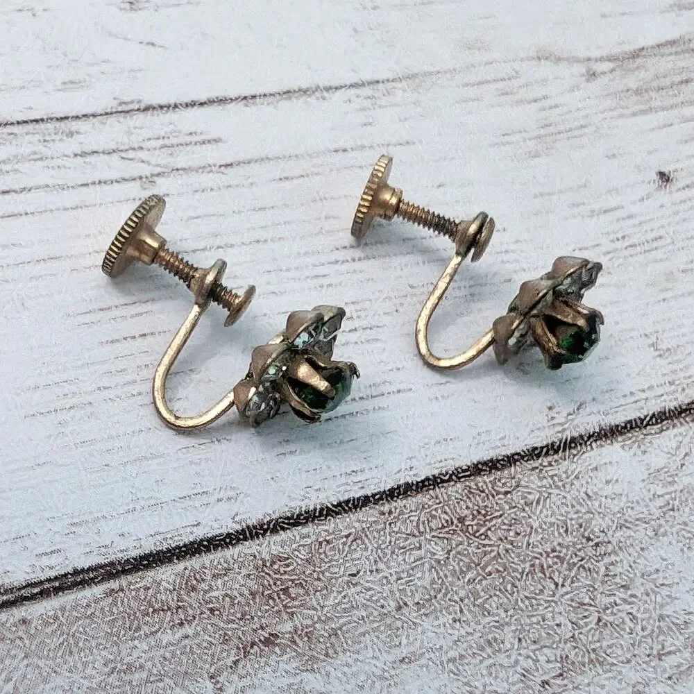 Vintage Screw Back Earrings Dainty Green & Clear Gem
